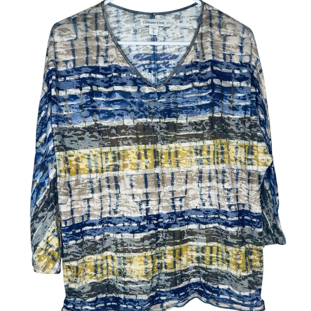 Coldwater Creek Women's Blue Yellow Gray Long Sleeve Top